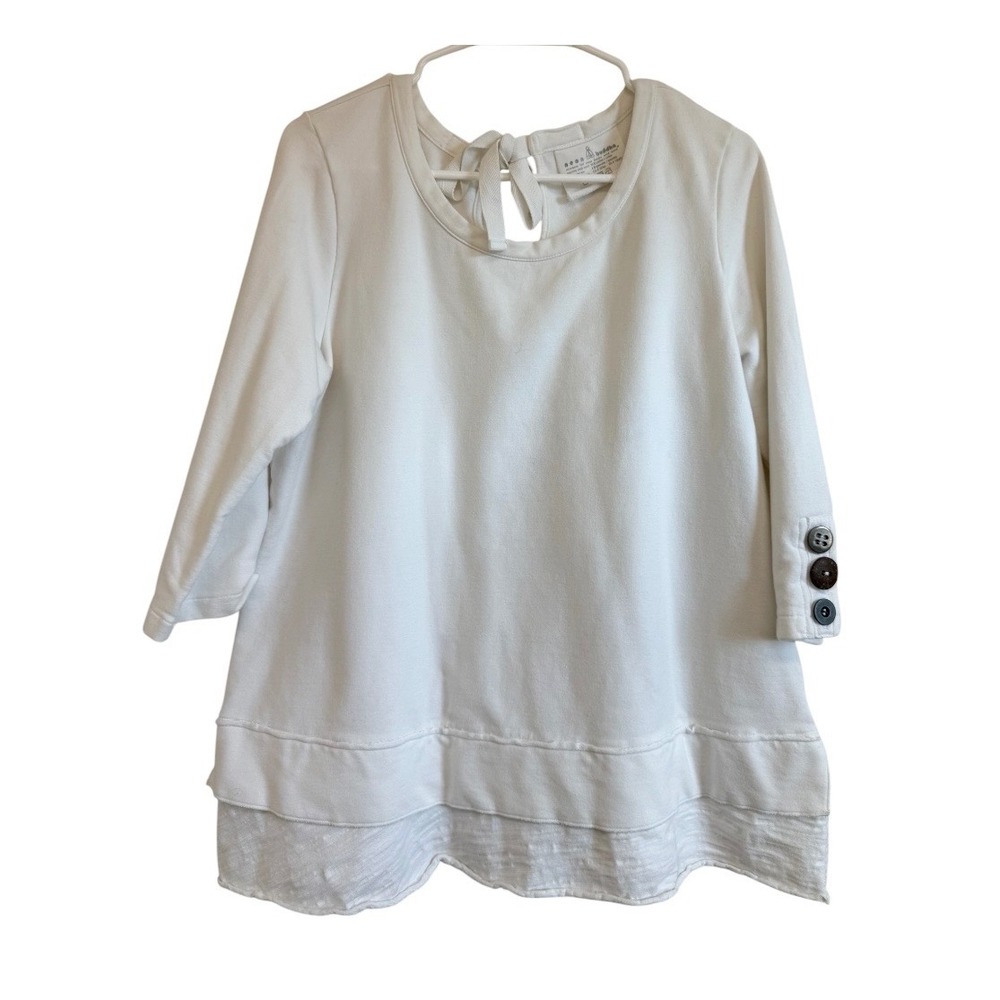 Neon Buddha White Cotton Layered Hem Tunic Top Tie Back Keyhole 3/4 Sleeve L